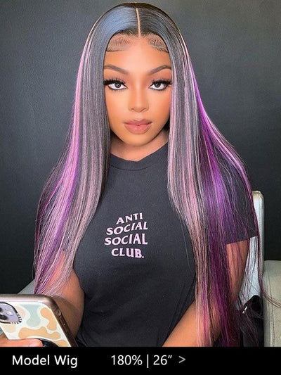 13x4 Lace Front Black & Purple & Pink Highlights Straight Human Hair Wigs