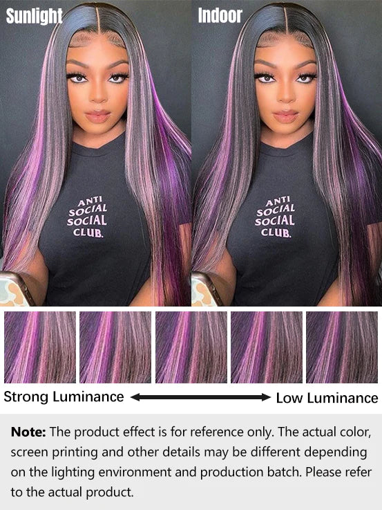 13x4 Lace Front Black & Purple & Pink Highlights Straight Human Hair Wigs