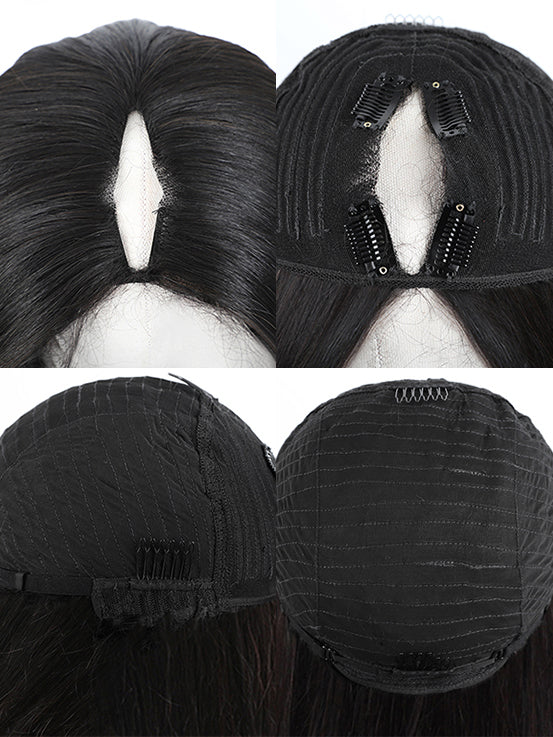 Thin V Part Wigs Glueless Straight Human Hair No Leave Out 180% Density