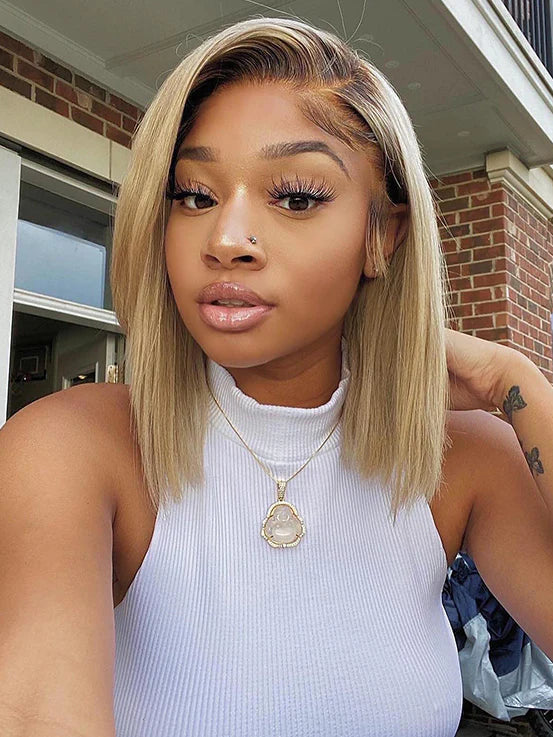 Wear & Go Ombre Blonde Human Hair Glueless Lace Wigs #4/613 Straight Bob Wigs