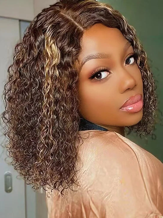 6x4 Water Wave Lace Closure Wear & Go Bob Wigs Highlight Brown Human Hair