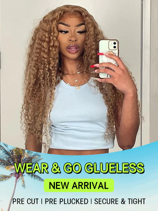 Glueless 6x4 Wear & Go Lace Closure Honey blonde #27 Color Kinky Curly Human Hair Wig