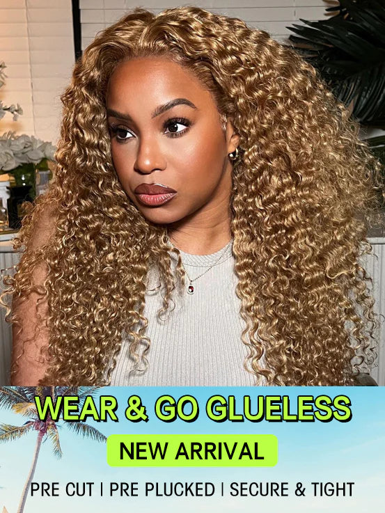 Glueless 6x4 Wear & Go Lace Closure Honey blonde #27 Color Kinky Curly Human Hair Wig