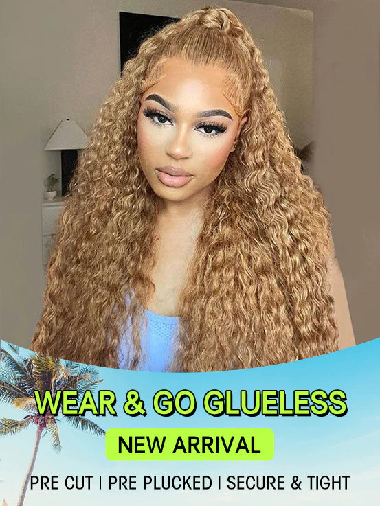 Glueless 6x4 Wear & Go Lace Closure Honey blonde #27 Color Kinky Curly Human Hair Wig