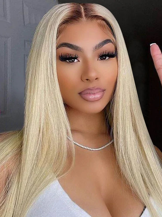 Wear & Go Pre plucked Silky Straight 4/613 Ombre Blonde Virgin Hair Glueless Lace Wigs