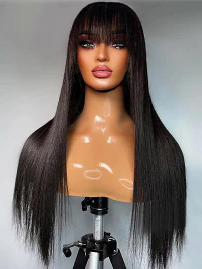 Straight Machine Made Wigs With Bangs Look Put On & Go Human Hair