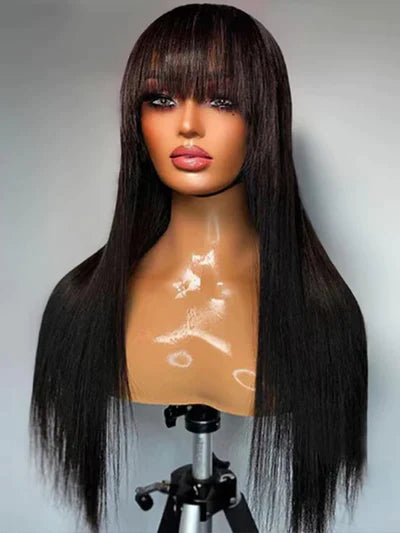 Straight Machine Made Wigs With Bangs Look Put On & Go Human Hair