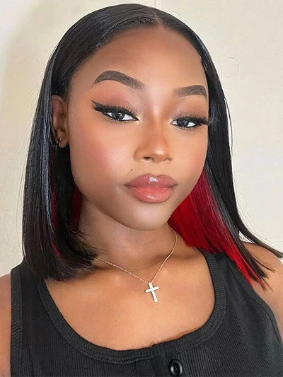 Straight Short Bob Wigs Peekaboo Two Tones black with Red Lace Wigs