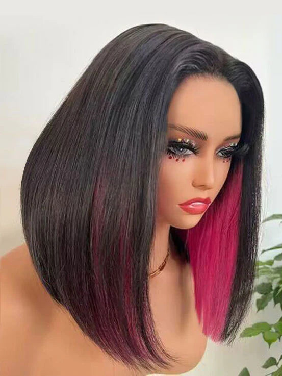 Straight Short Bob Wigs Peekaboo Two Tones black with Red Lace Wigs