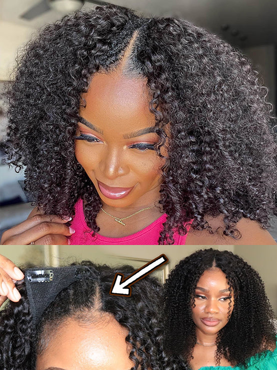 V Part Glueless Kinky Curly Bob Wigs For Beginners