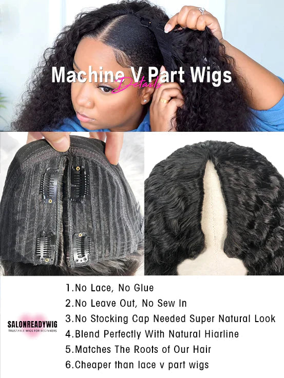 V Part Glueless Wig Human Hair Kinky Straight with Layers