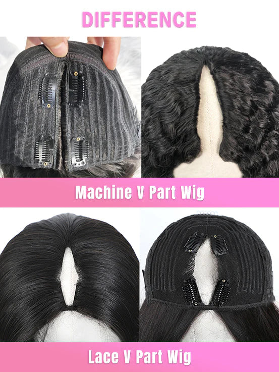 V Part Glueless Wig Human Hair Kinky Straight with Layers