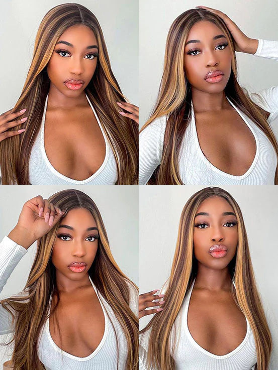 Silky Straight Pre-plucked Glueless Lace Closure Wigs Highlight Brown Color