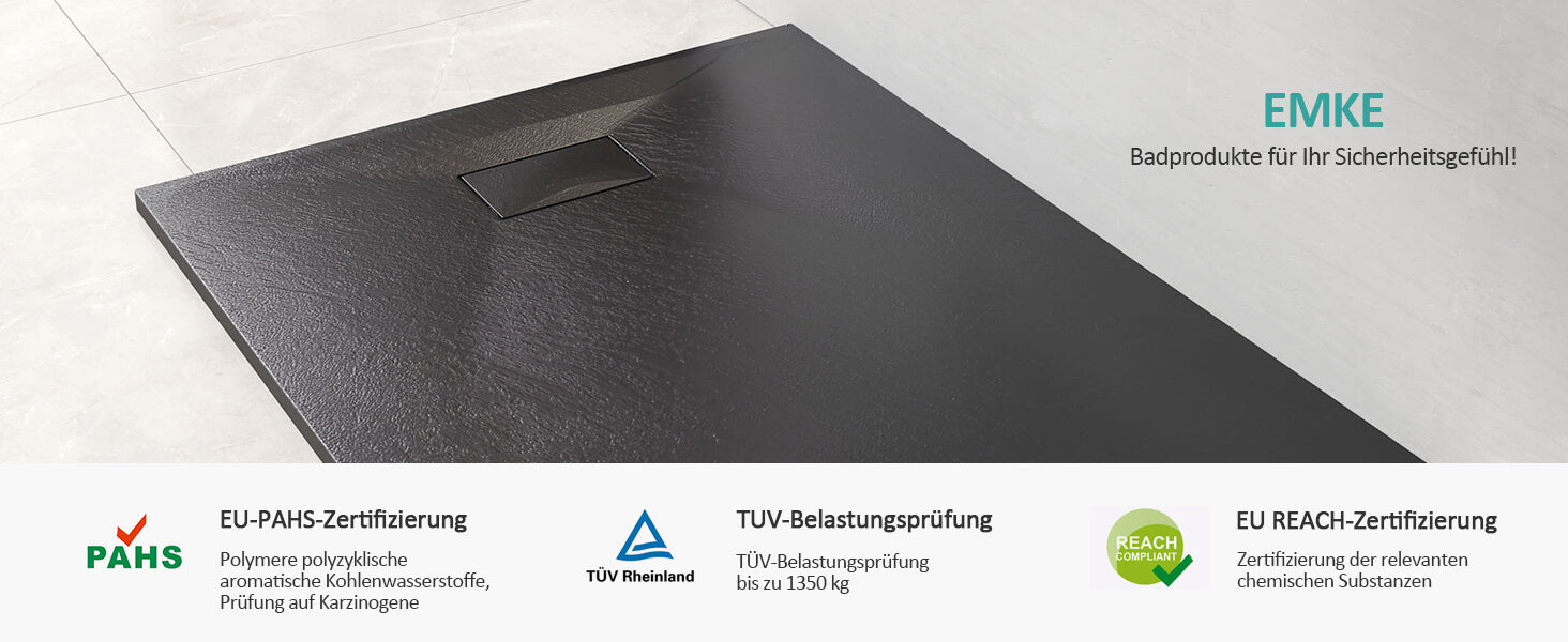 Duschwanne 90x140 Cm In Schieferoptik – 2,6 Cm Höhe, Aus SMC Fiberglas, Inkl. Ablaufgarnitur