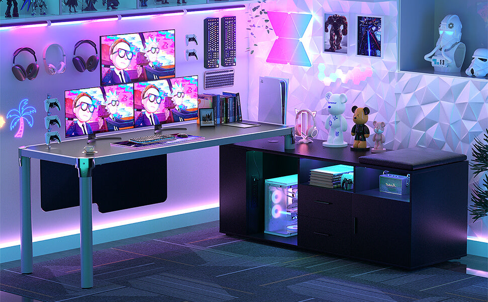 l shaped computer desk with led light strip