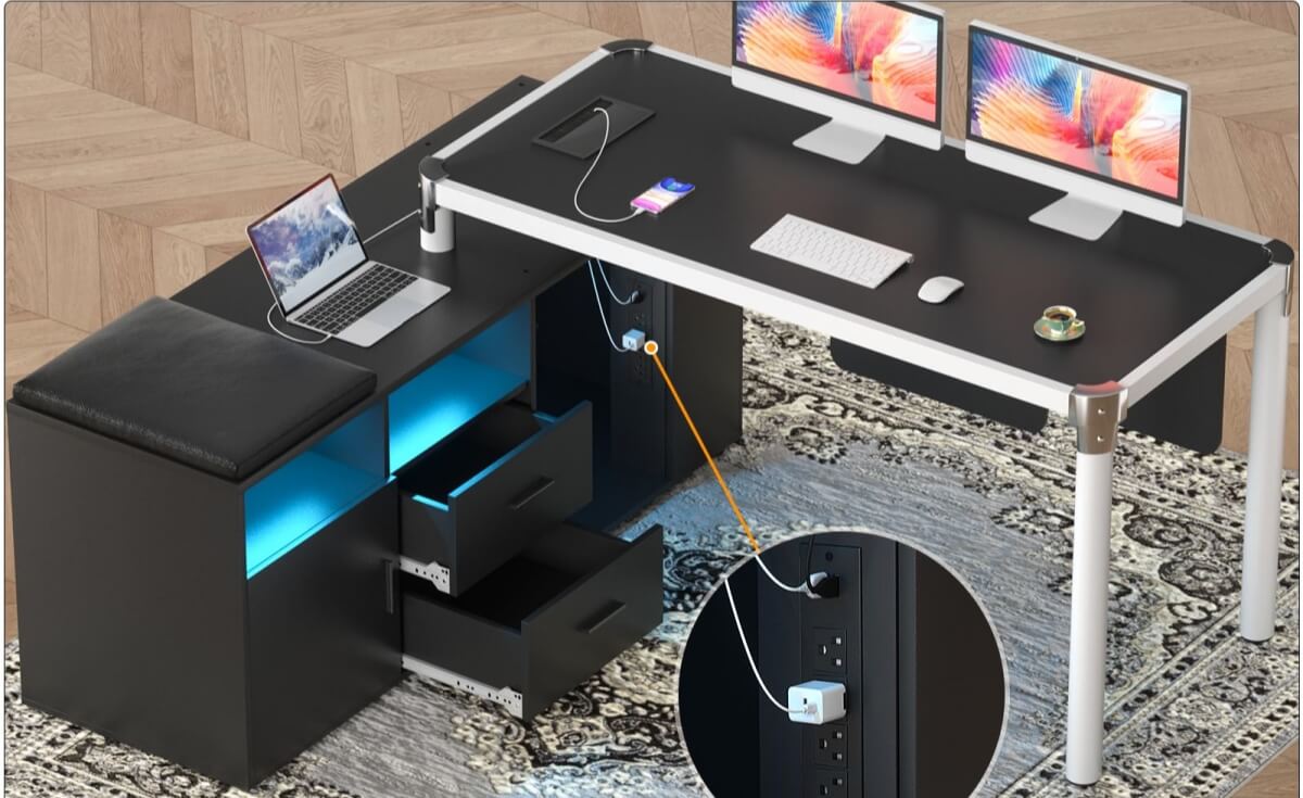 L shaped office desk with drawers