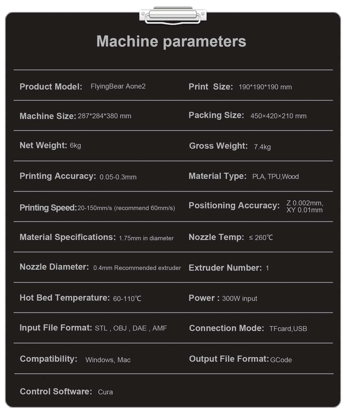 Aone 2 3D printer parameters