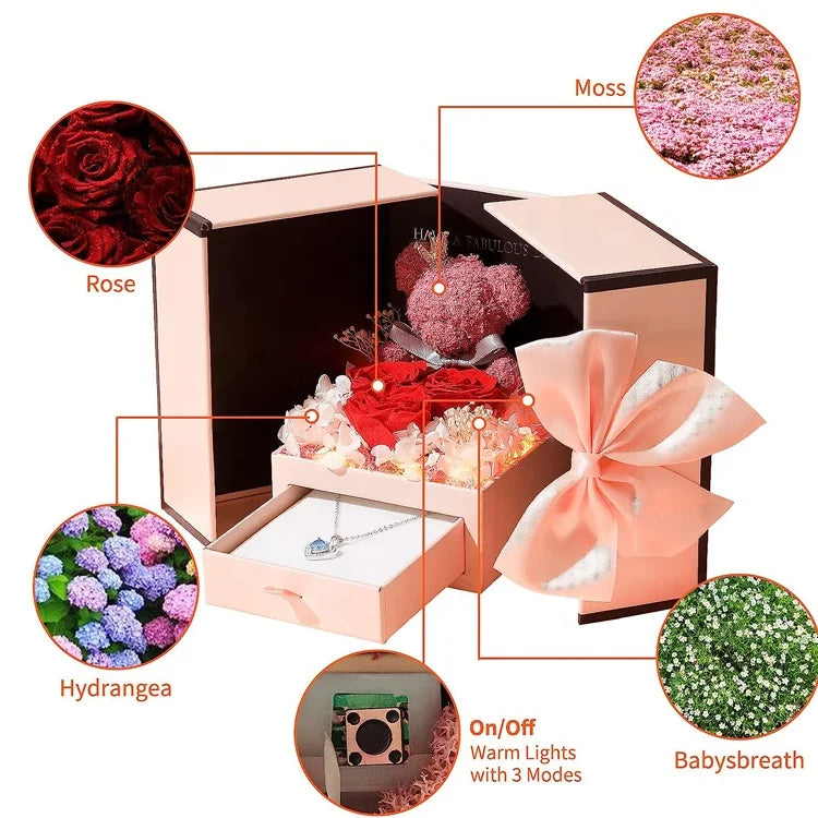 Valentines Day Romantic LED Gift Box with Preserved Roses and Bear
