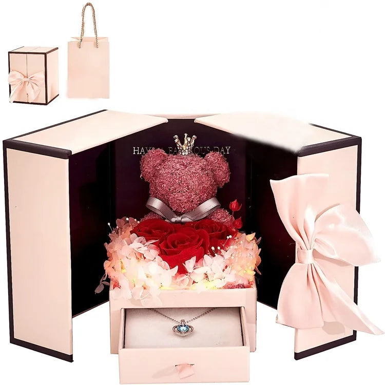 Valentines Day Romantic LED Gift Box with Preserved Roses and Bear