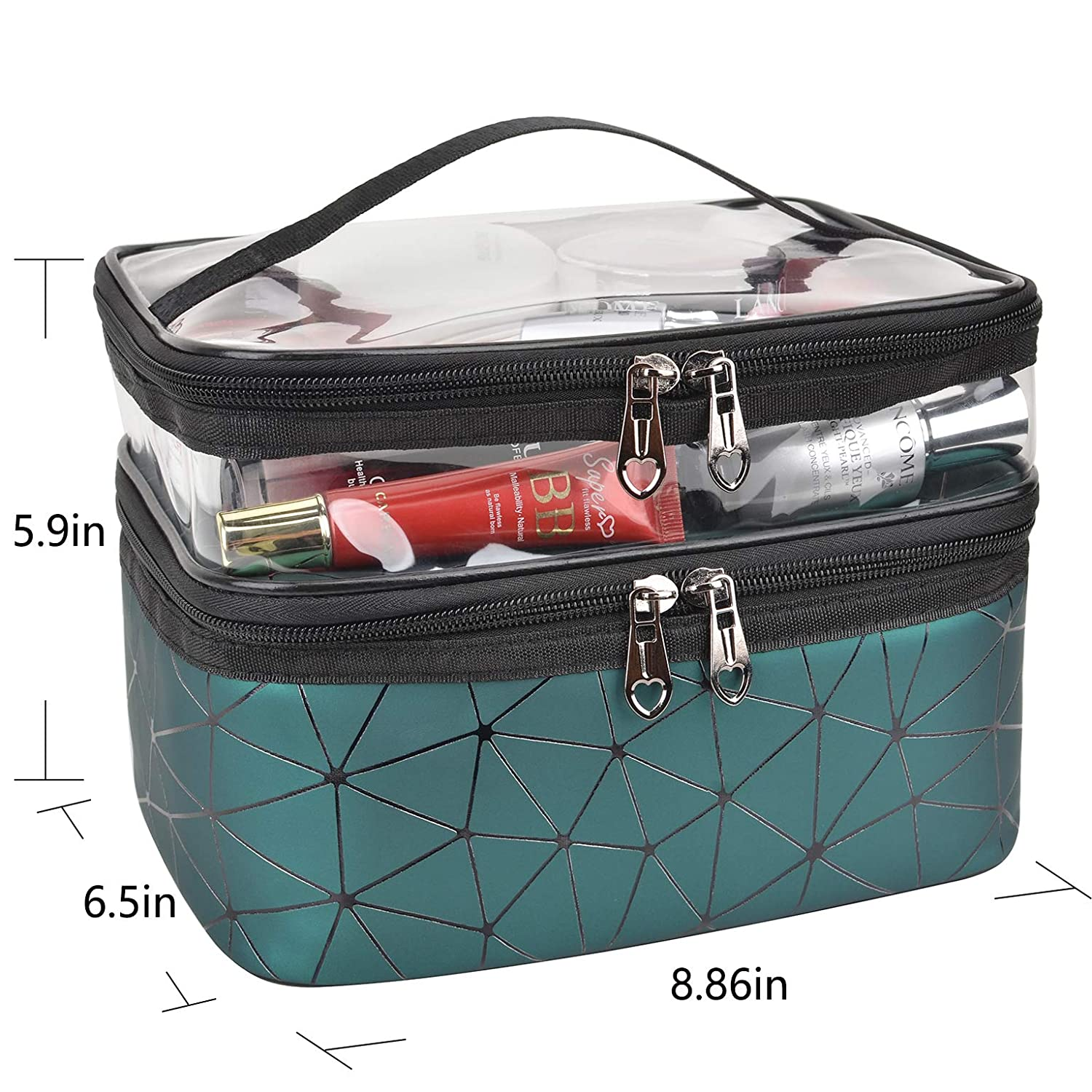 Makeup Bags Double Layer Travel Cosmetic Cases Make up Organizer Toiletry Bags (Dark Green)