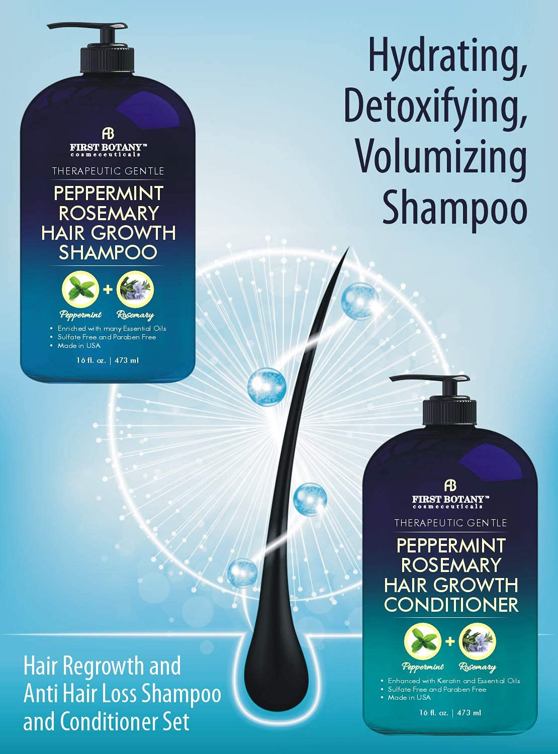 Peppermint Rosemary Hair Regrowth and anti Hair Loss Shampoo and Conditioner Set - 16 Fl Oz X 2