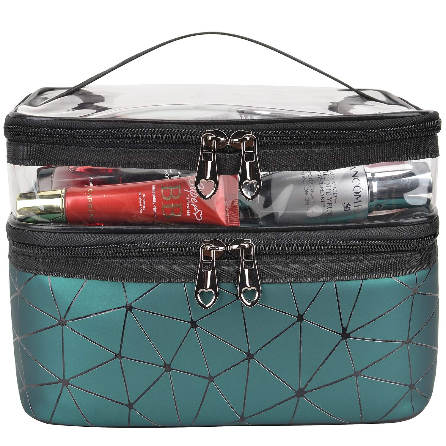 Makeup Bags Double Layer Travel Cosmetic Cases Make up Organizer Toiletry Bags (Dark Green)