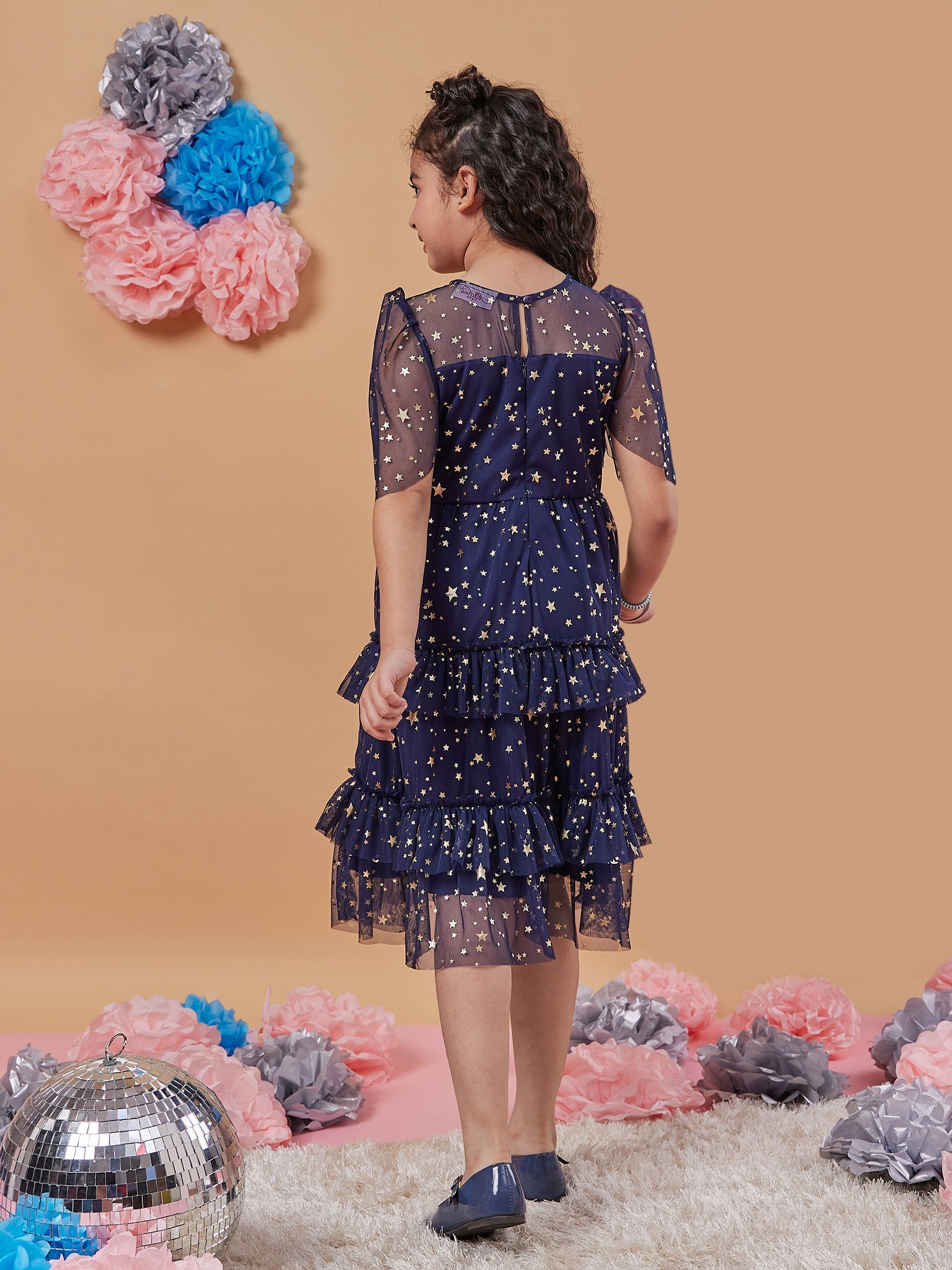 Floral Print Flared Sleeve Net A-Line Midi Dress