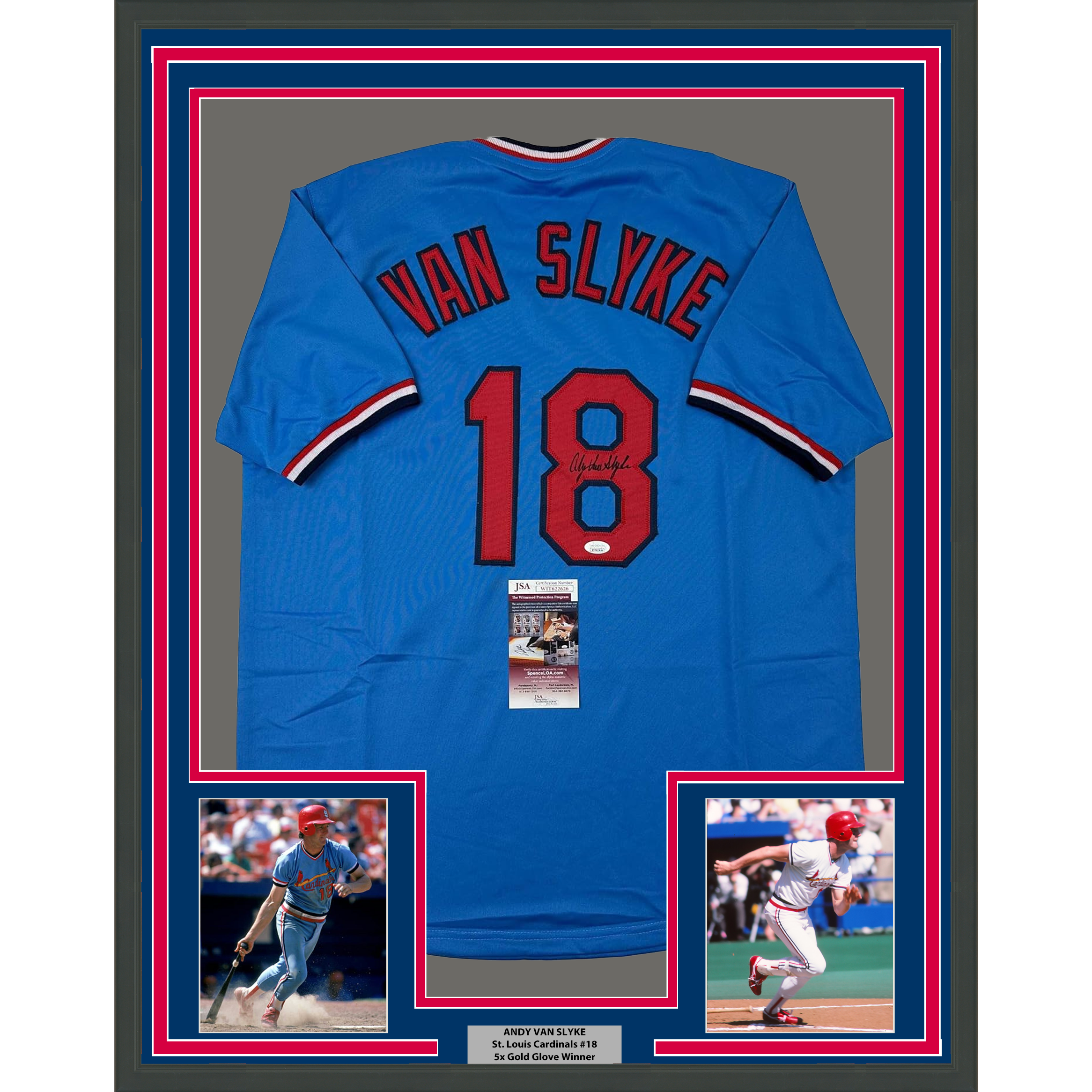Framed Autographed/Signed Andy Van Slyke 33x42 St. Louis Blue Baseball Jersey JSA COA