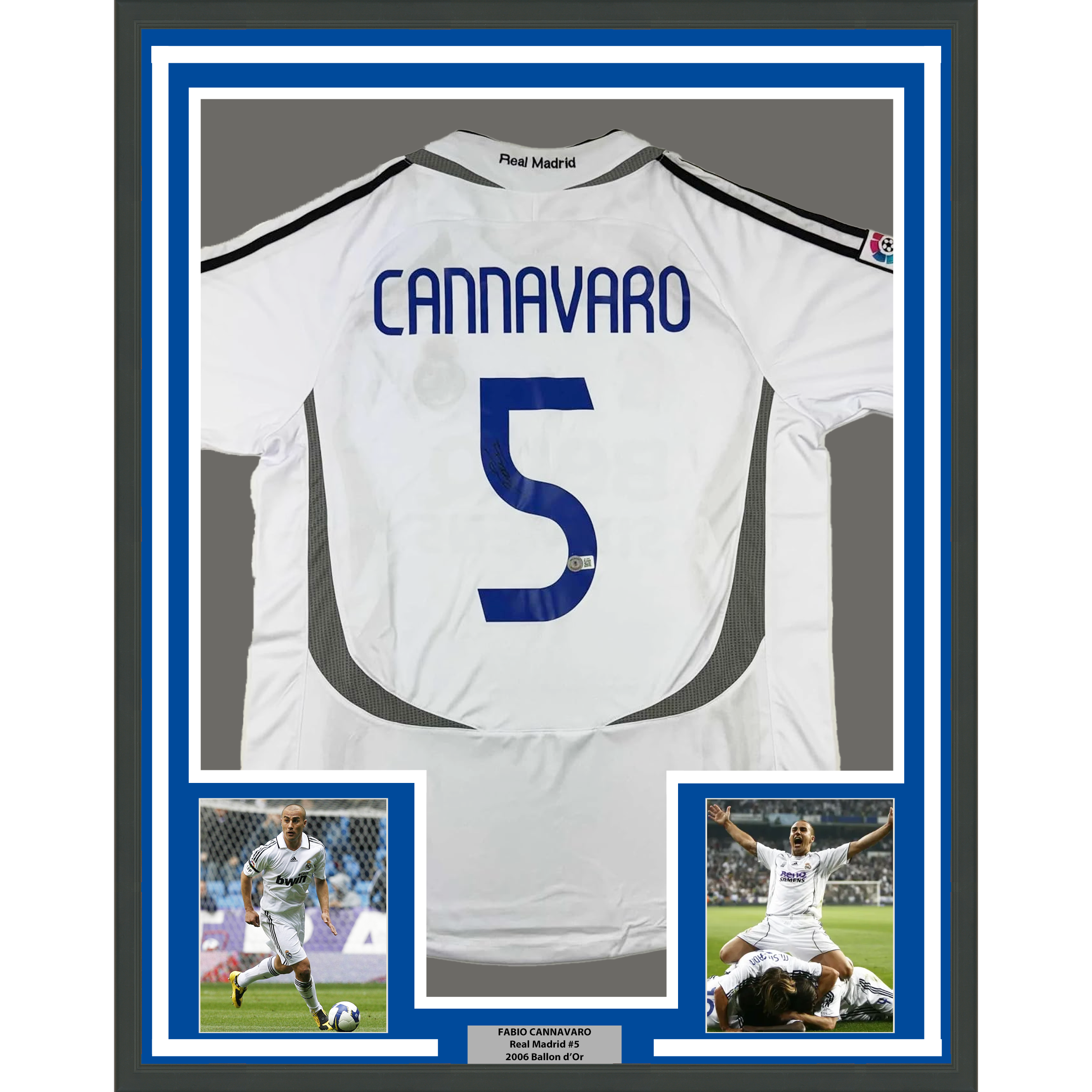 Framed Autographed/Signed Fabio Cannavaro 33x42 Real Madrid White Soccer Jersey Beckett BAS COA