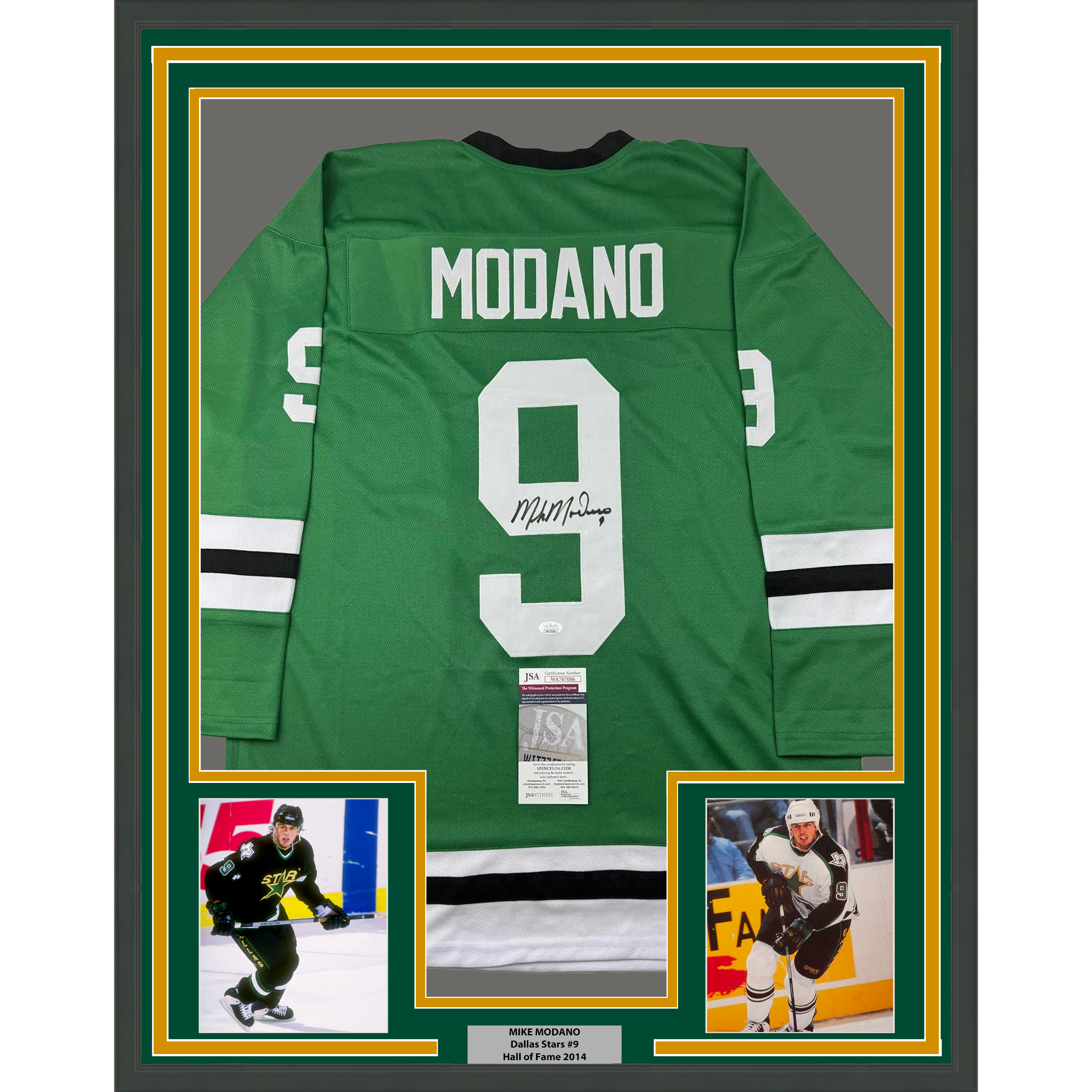 Framed Autographed/Signed Mike Modano 33x42 Dallas Green Retro Hockey Jersey Beckett BAS COA