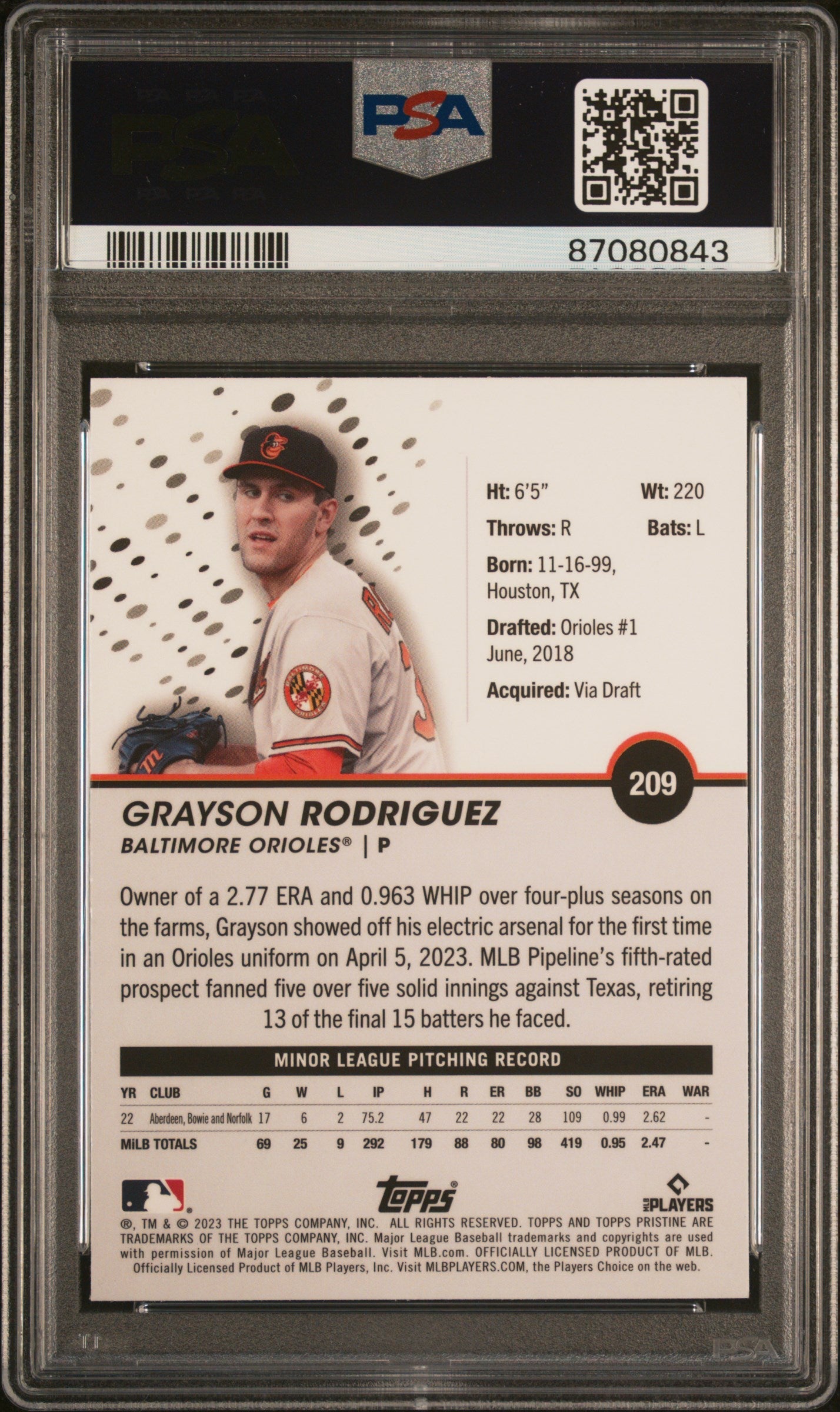 Graded 2023 Topps Pristine Grayson Rodriguez #209 Rookie RC Baseball Card PSA 10 Gem Mint