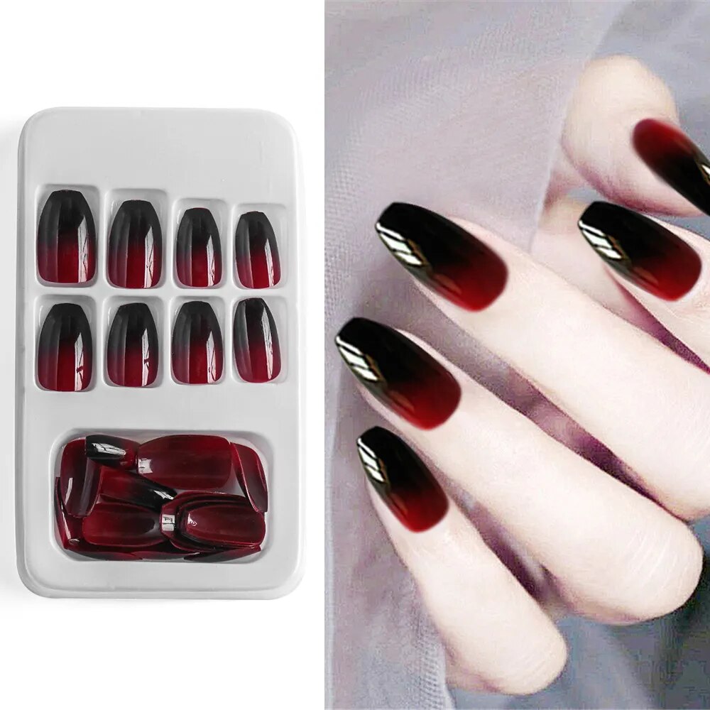 24Pcs European Coffin Pre-design Black Red Gradient Ballerina Artificial Nails