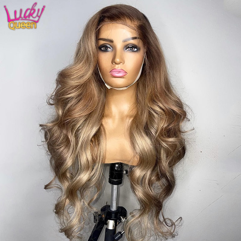 Lucky Queen Ombre Blonde Brown Root Colored Human Hair Lace Front Wig