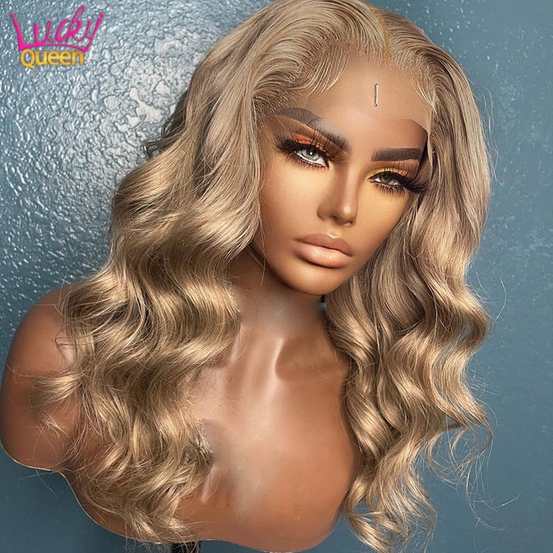 Lucky Queen Ombre Blonde Brown Root Colored Human Hair Lace Front Wig