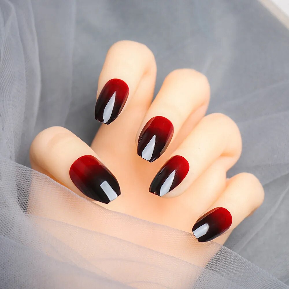 24Pcs European Coffin Pre-design Black Red Gradient Ballerina Artificial Nails