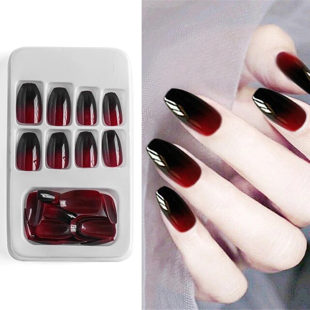 24Pcs European Coffin Pre-design Black Red Gradient Ballerina Artificial Nails