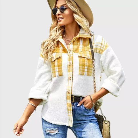 Button Closure Boyfriend Style Warm Fleece Sherpa Jacket in Yellow Checks