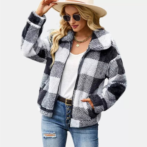 Zipper Closure Long Sleeve Checks Fluffy Soft Fleece Sweater Sherpa Jacket in Plaid Black