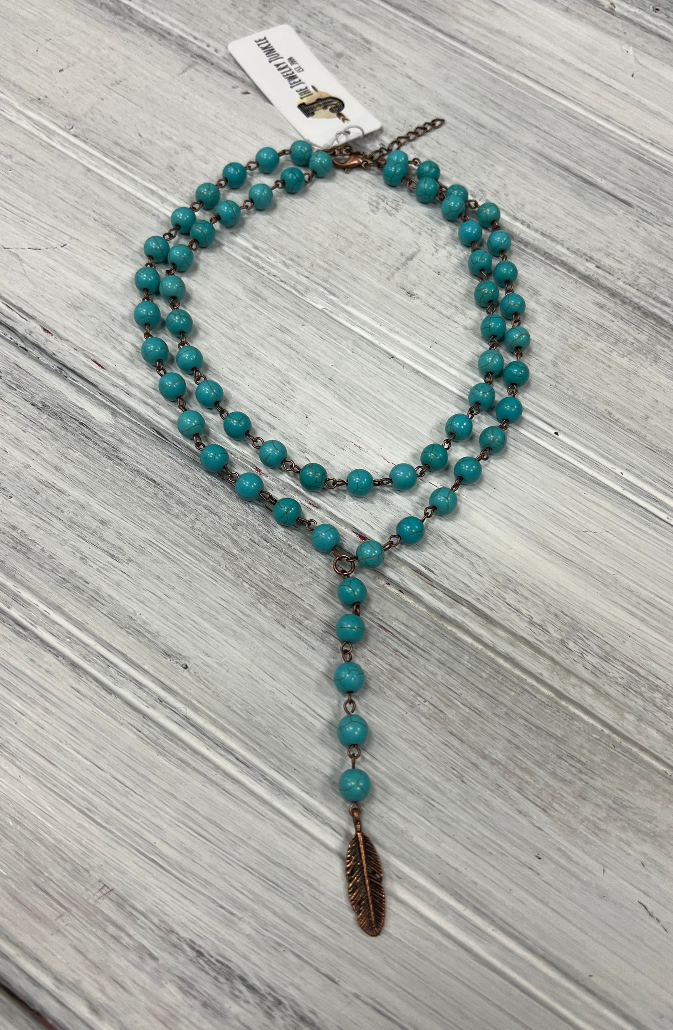 Double Strand Lariat Turquoise Necklace with Copper Feather