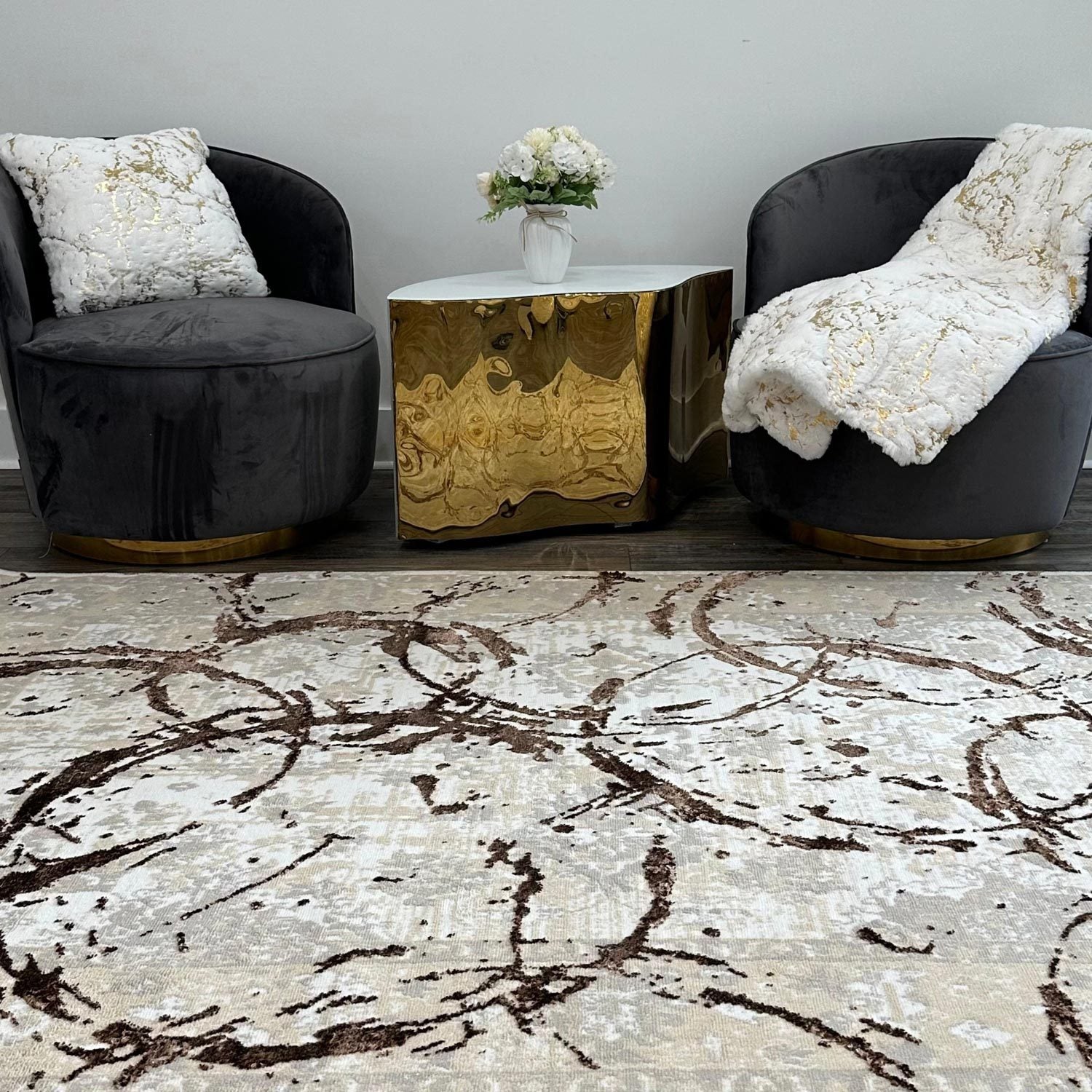 Penina Luxury Area Rug in Beige and Gray with Gold