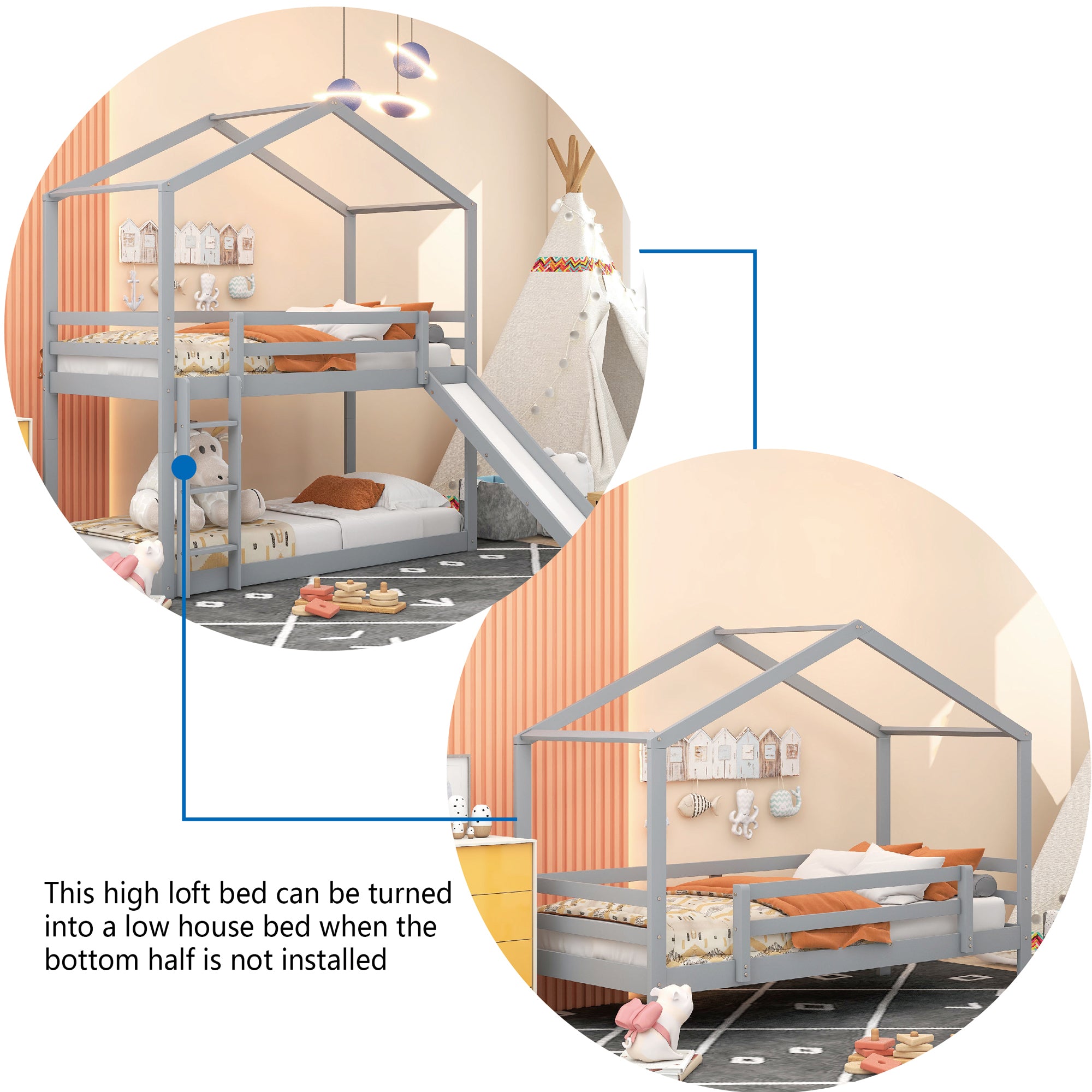 Twin Over Twin Bunk Bed with Roof, Slide and Ladder