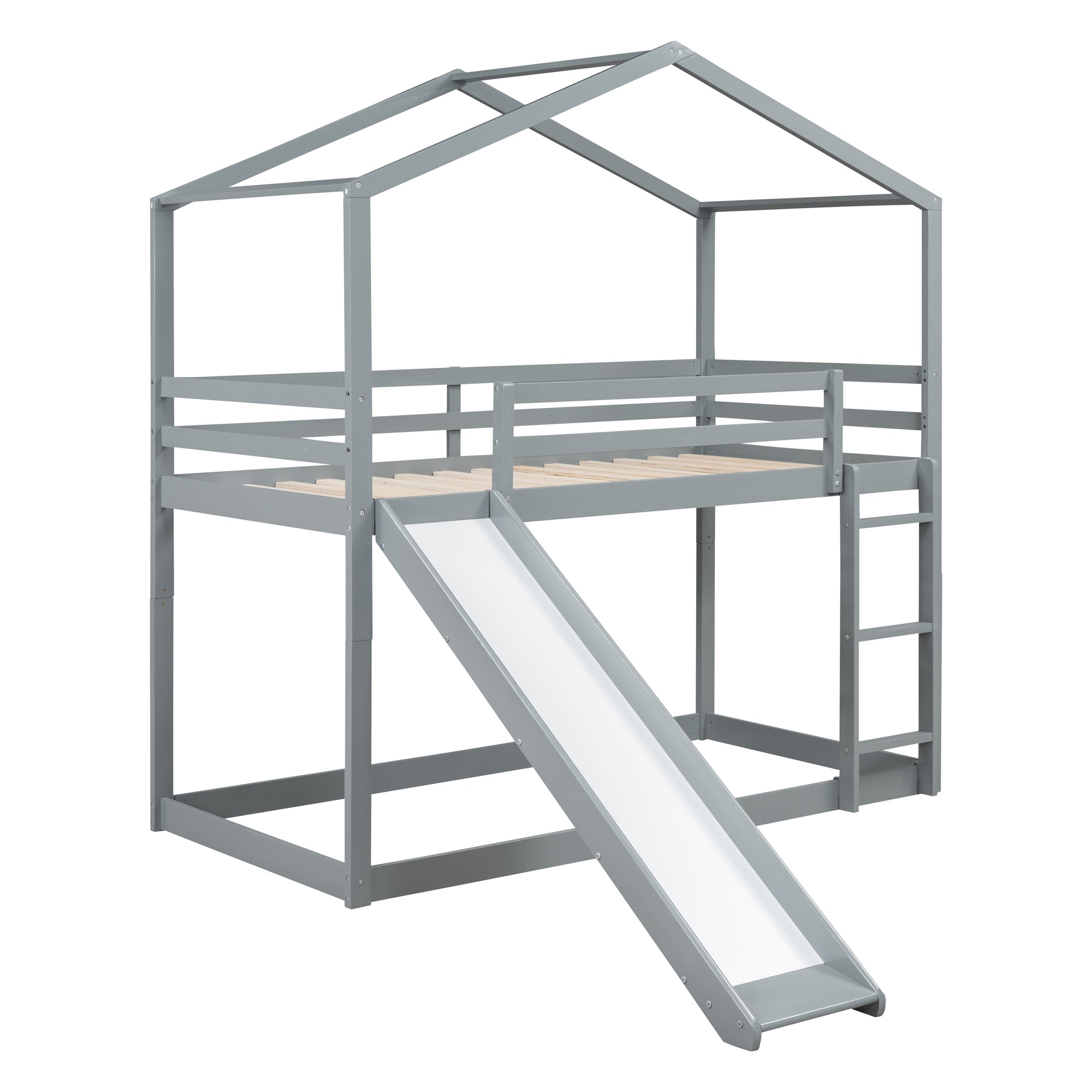 Twin Over Twin Bunk Bed with Roof, Slide and Ladder