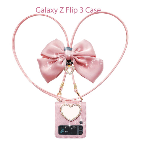 For Samsung Galaxy Z Flip 4 Case and Z Flip 3 Case Cute with Strap with Big  Bow and Makeup Mirror PU Leather - Pink