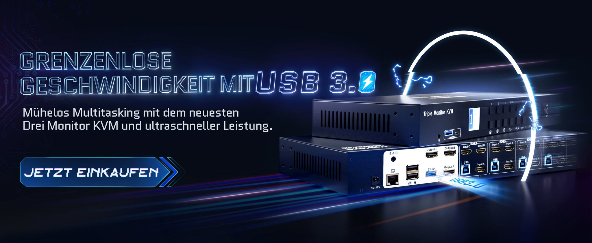 Mühelos Multitasking mit dem neuesten Drei Monitor KVM und ultraschneller Leistung.