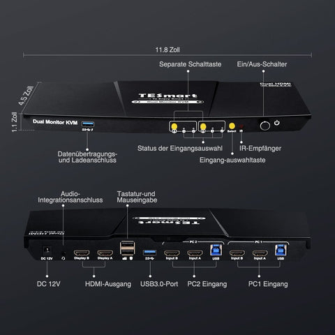 TESmart Dual Monitor KVM Switch 2 Port Dual Monitor KVM Switch HDMI 4K60Hz mit USB 3.0 Hub & Audio I/O