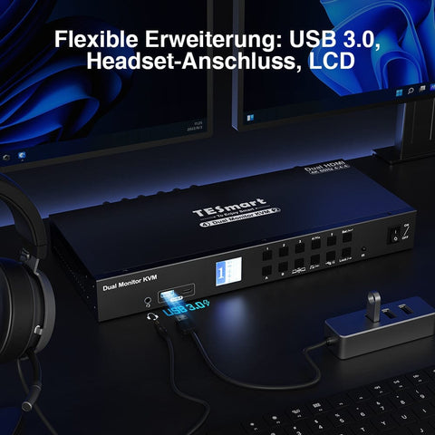 TESmart Dual Monitor KVM Switch 4-Port Dual-Monitor KVM Switch Kit HDMI 4K60Hz mit USB 3.0 Hub & Audio I/O, EDID