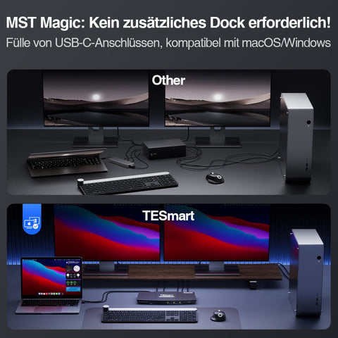 TESmart HDC202-P23-EUBK Dual Monitor KVM Switch Dual 4K60Hz Hybrid KVM Docking Station Kit - USB-C with MST & EDID for 1 Laptop & 1 Desktop 10652805090549 Dual 4K60Hz Hybrid KVM-Dock - Für 1 Laptop & 1 Desktop EU Plug