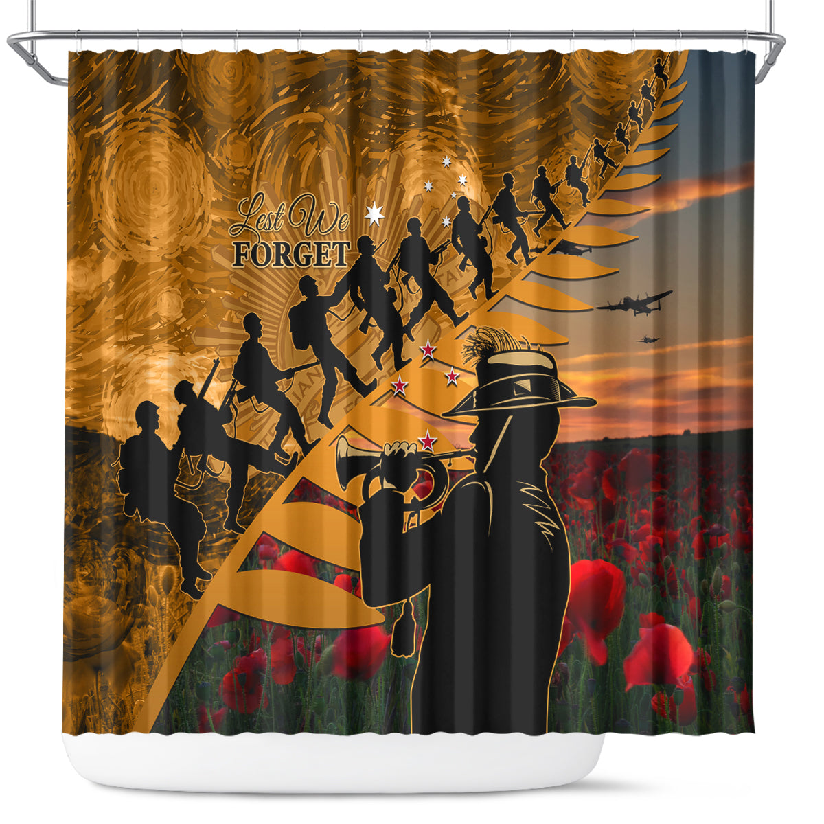 ANZAC Day 2024 Shower Curtain Silver Fern With A Trumpet Soldier LT01