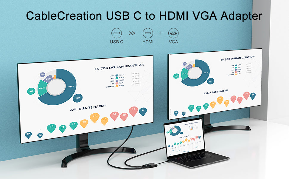  CableCreation USB C to HDMI VGA Adapter, Type C to VGA to USB C  Thunderbolt 3 for Dual Monitor Adapter Compatible with iPhone 15 Plus/15  Pro Max, Galaxy S22 Ultra, MacBook