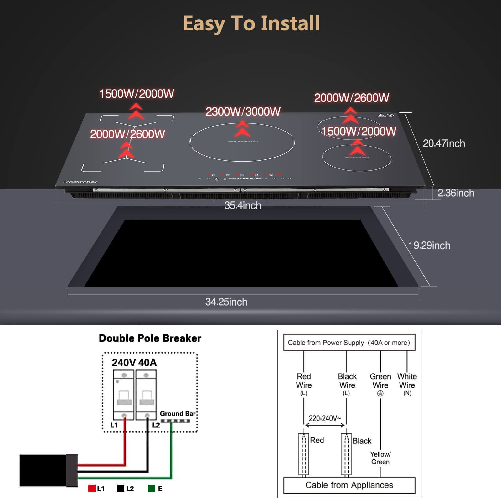 AMZCHEF 36 Inch Built-in Induction Cooktop 5 Boost Burner Including Flexi Zone